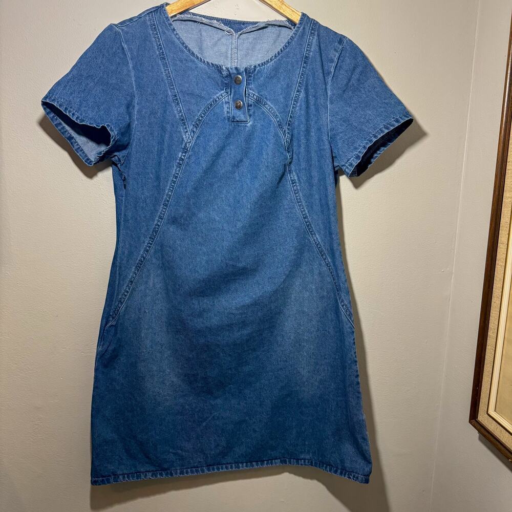 SHEIN Blue Denim Mini Dress Short Sleeve Retro 90s Style Shift Dress Medium